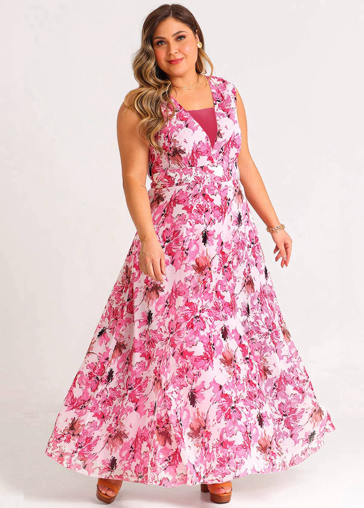 Sleeveless Floral Print Pink Chiffon Plus Size Dress