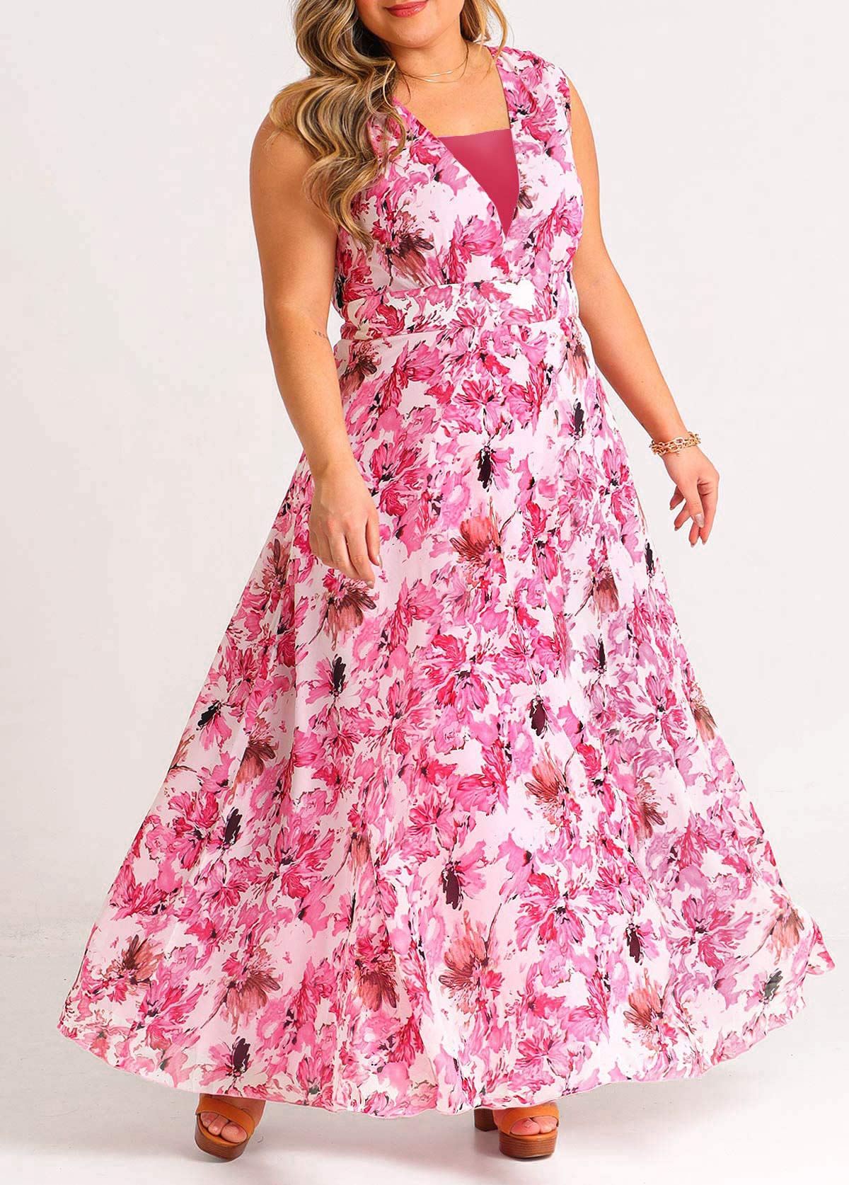 Sleeveless Floral Print Pink Chiffon Plus Size Dress