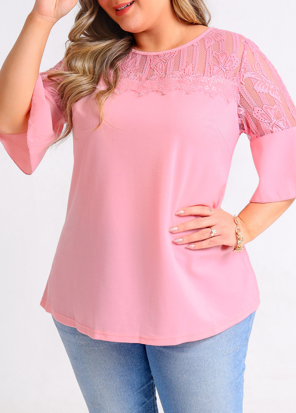 Plus Size Light Pink Lace Stitching T Shirt