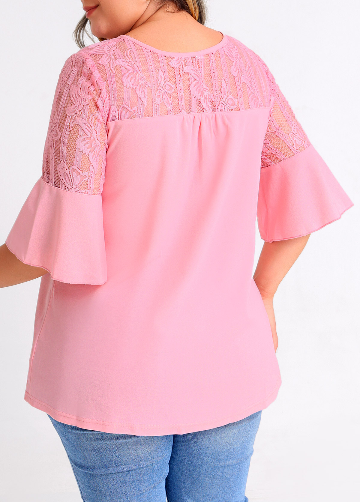 Plus Size Light Pink Lace Stitching T Shirt