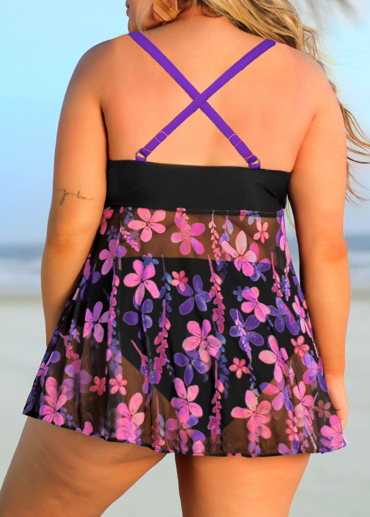 Purple Floral Print Plus Size Swimdress Top-No Bottom