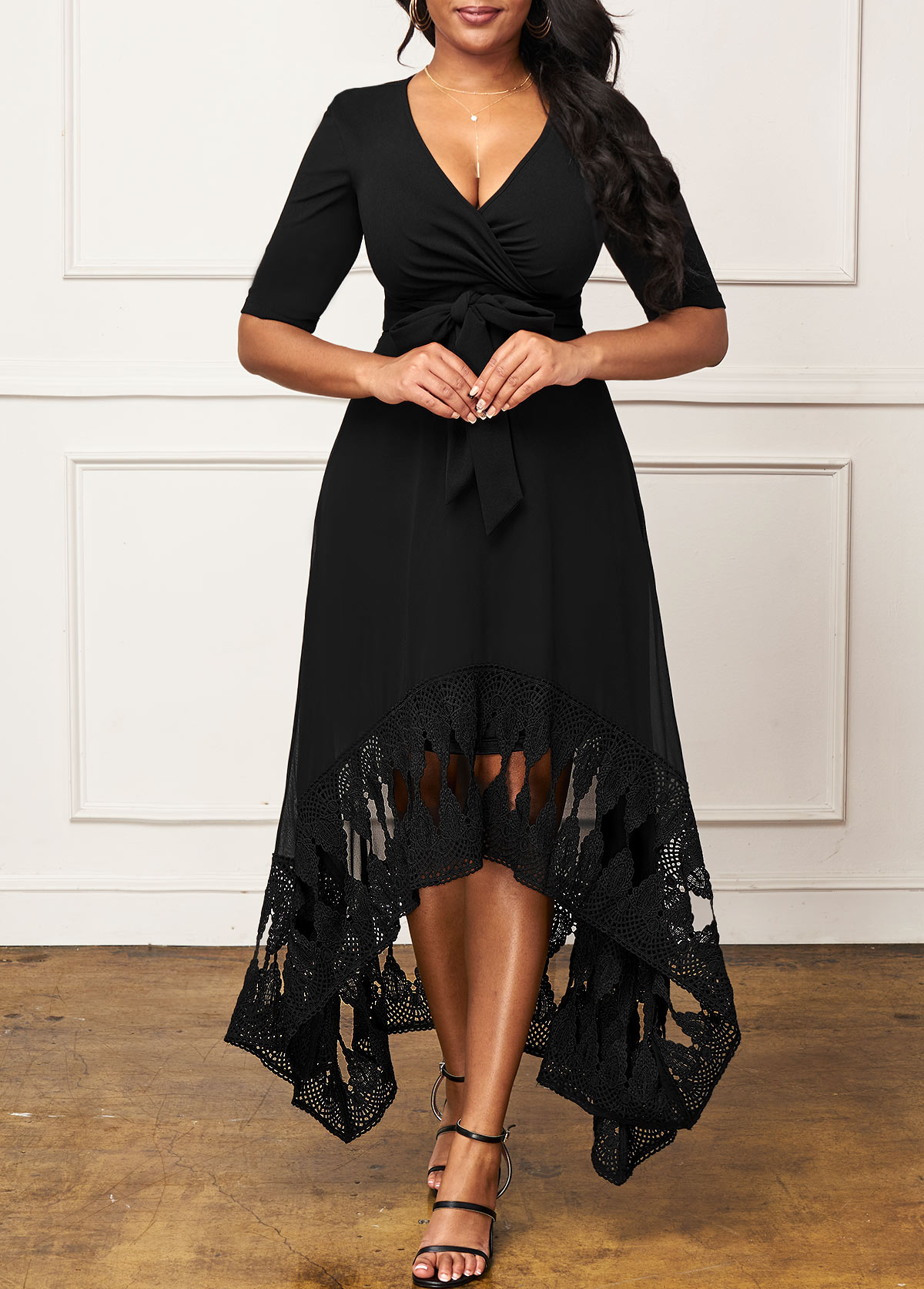 Asymmetric Hem Lace Stitching Black Maxi Dress