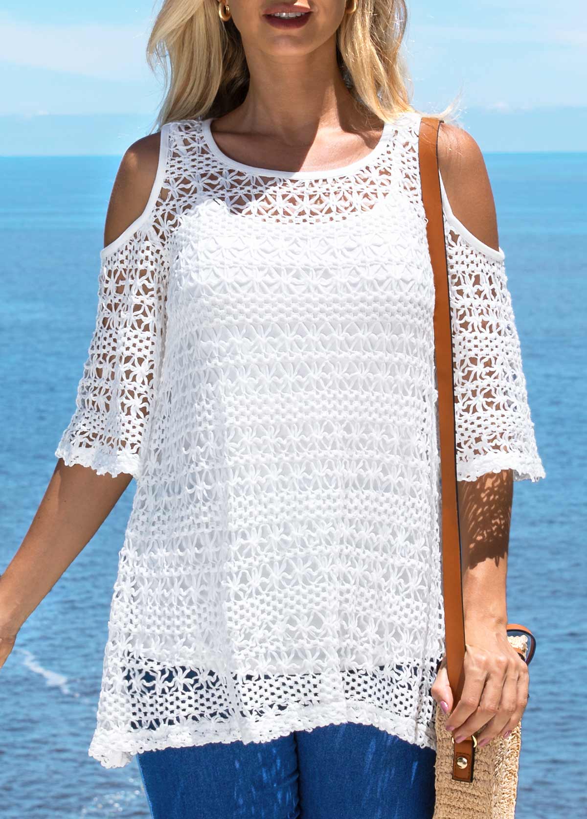 Woven Fabric Cold Shoulder White T Shirt and Tank Top