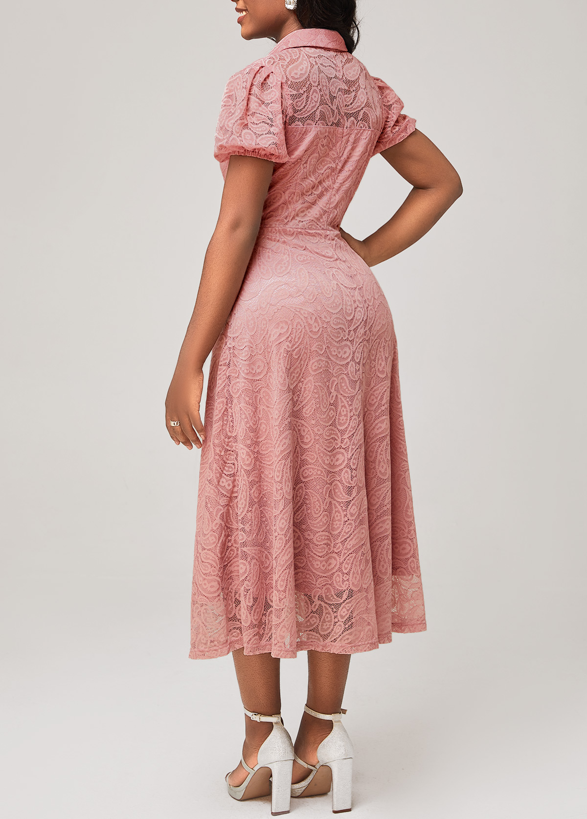 Dusty Pink Lace Short Sleeve Turndown Collar Dress