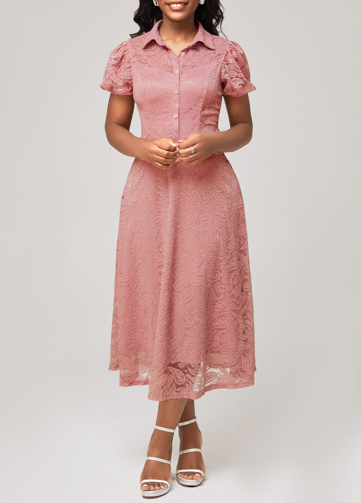 Dusty Pink Lace Short Sleeve Turndown Collar Dress
