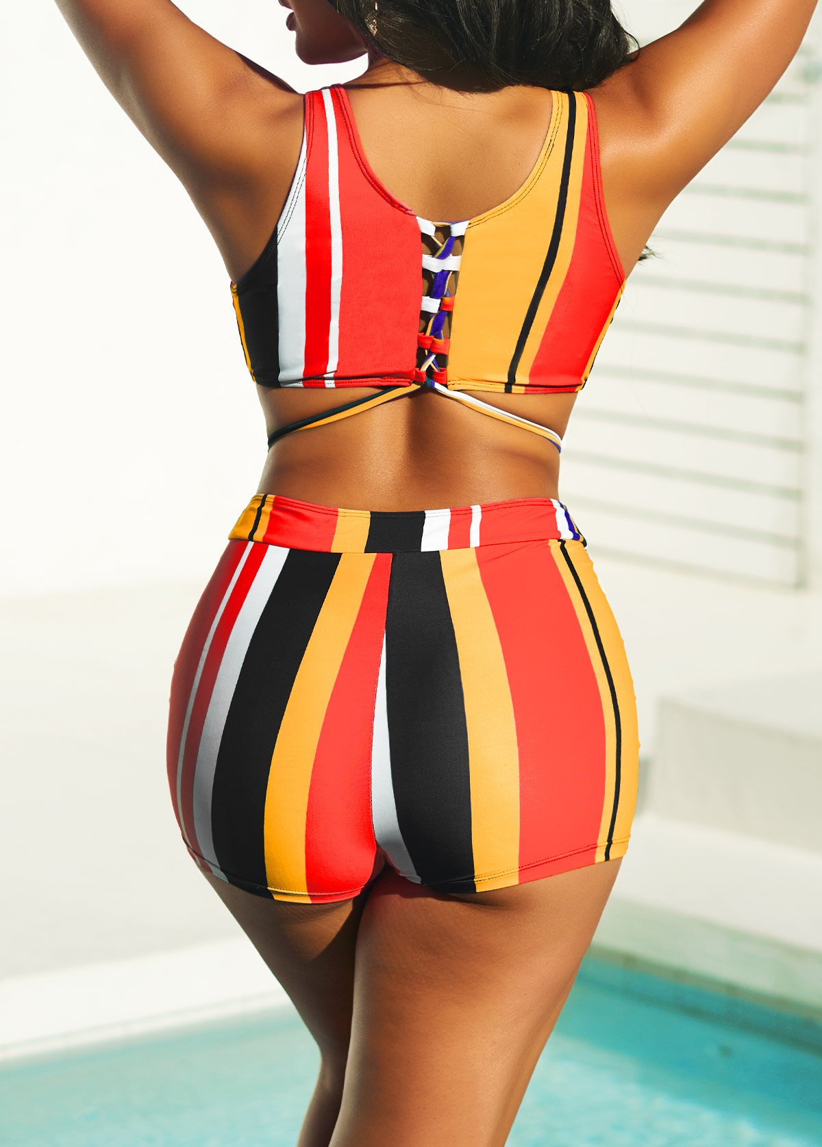 Stripe Print Multi Color High Waisted Bikini Set