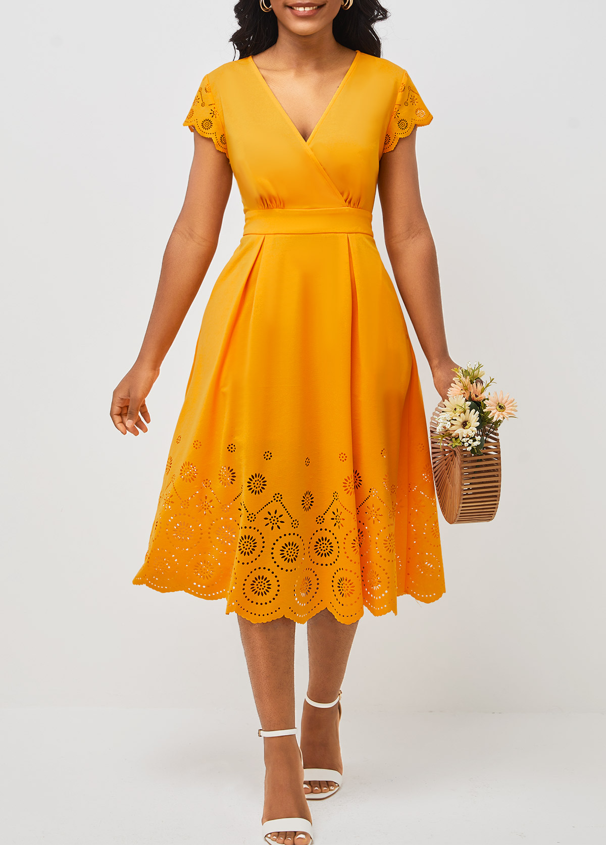 Floral Design Double Side Pockets Orange V Neck Dress