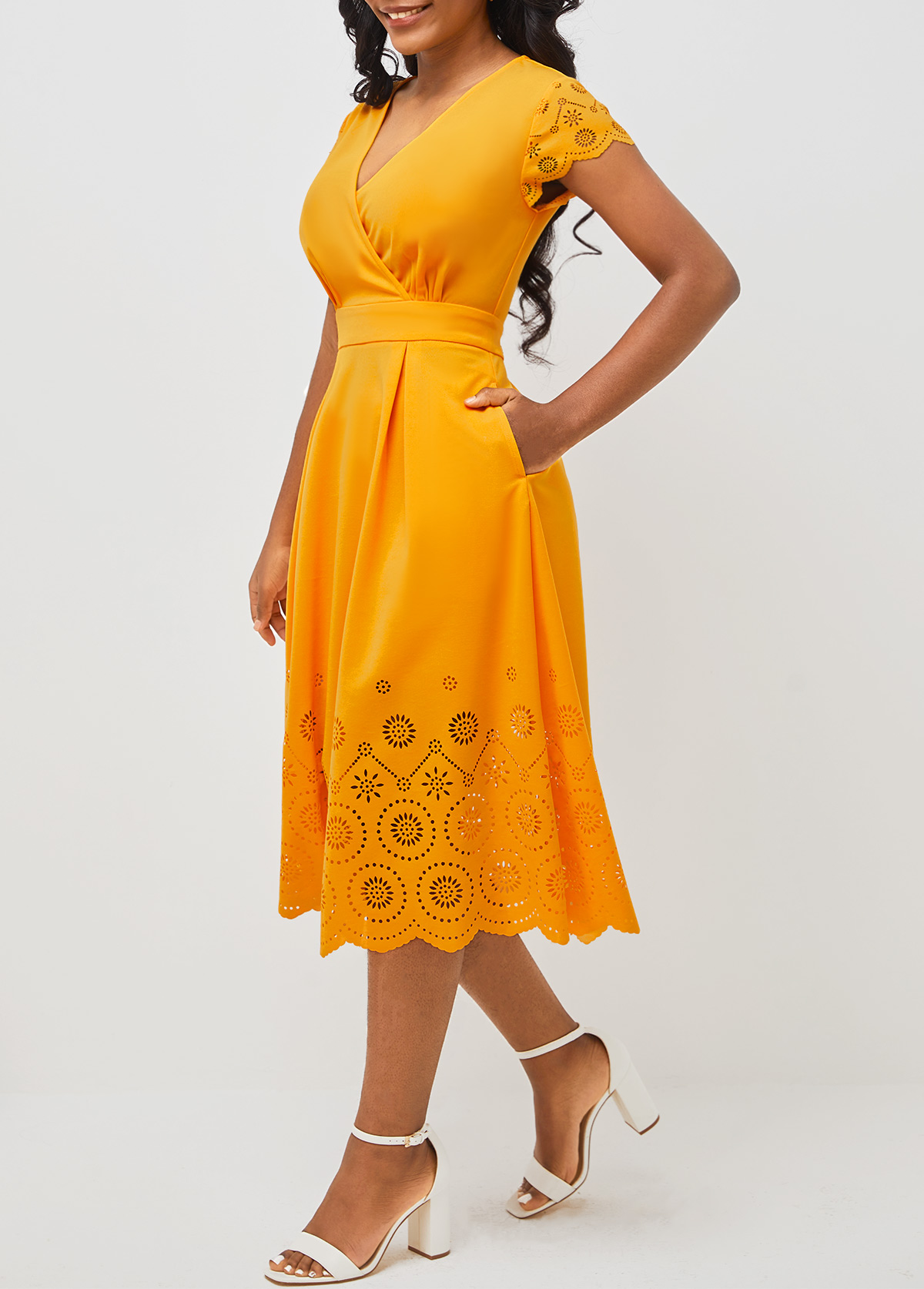 Floral Design Double Side Pockets Orange V Neck Dress