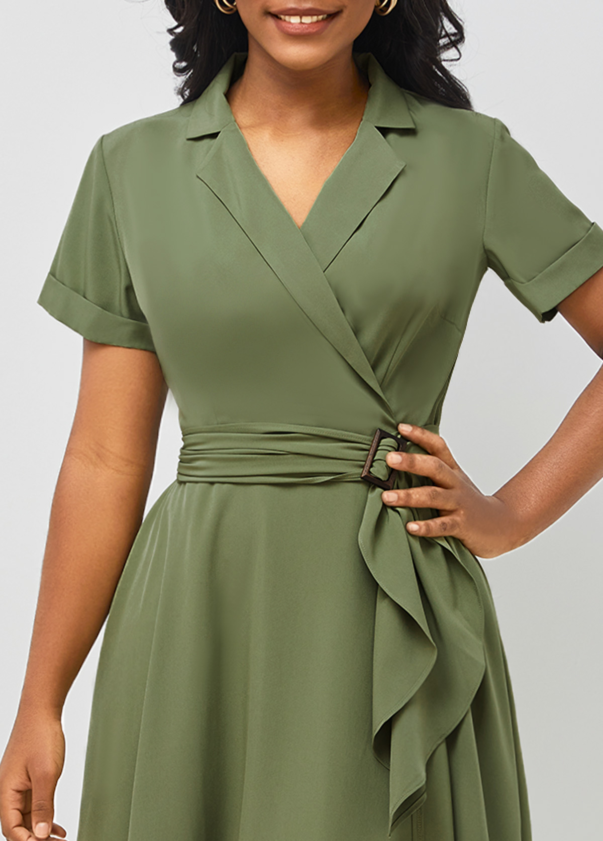 Notch Collar Short Sleeve Army Green Dress