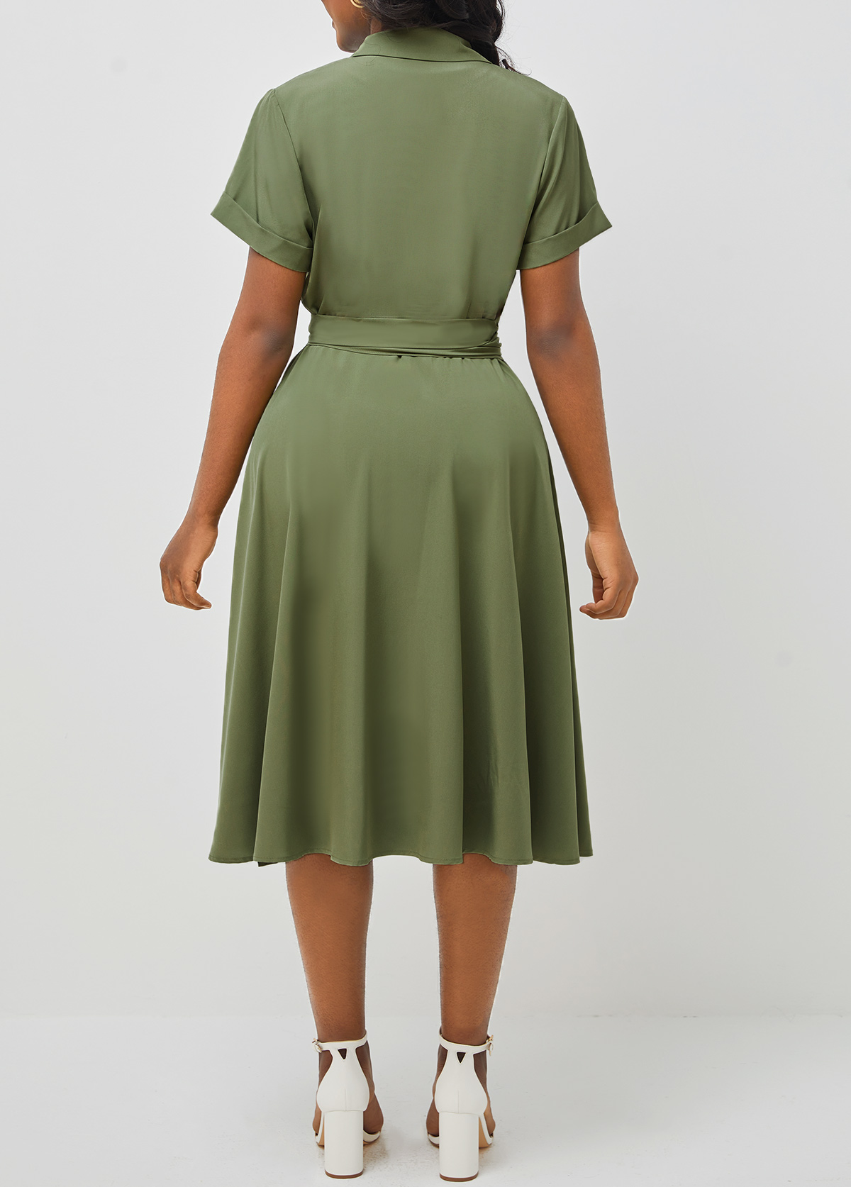 Notch Collar Short Sleeve Army Green Dress