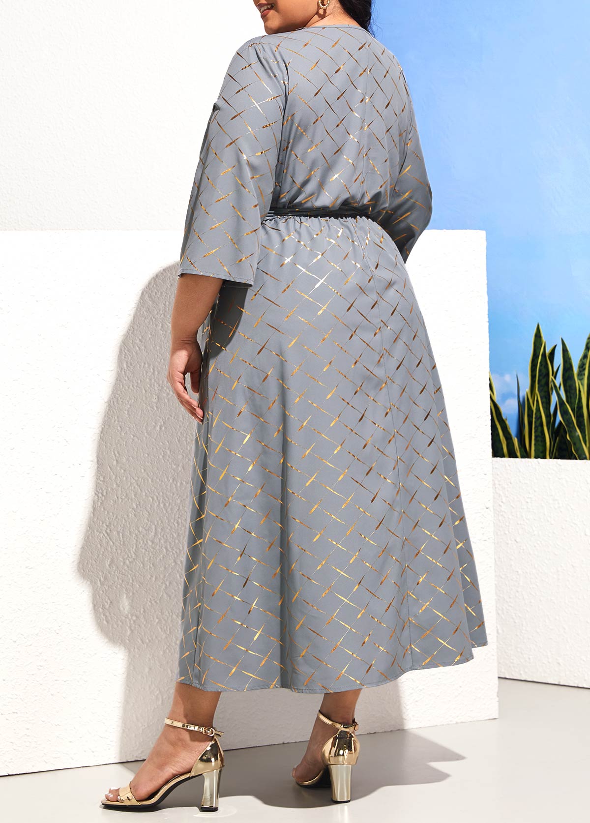 Belted Hot Stamping Light Grey Plus Size Dress