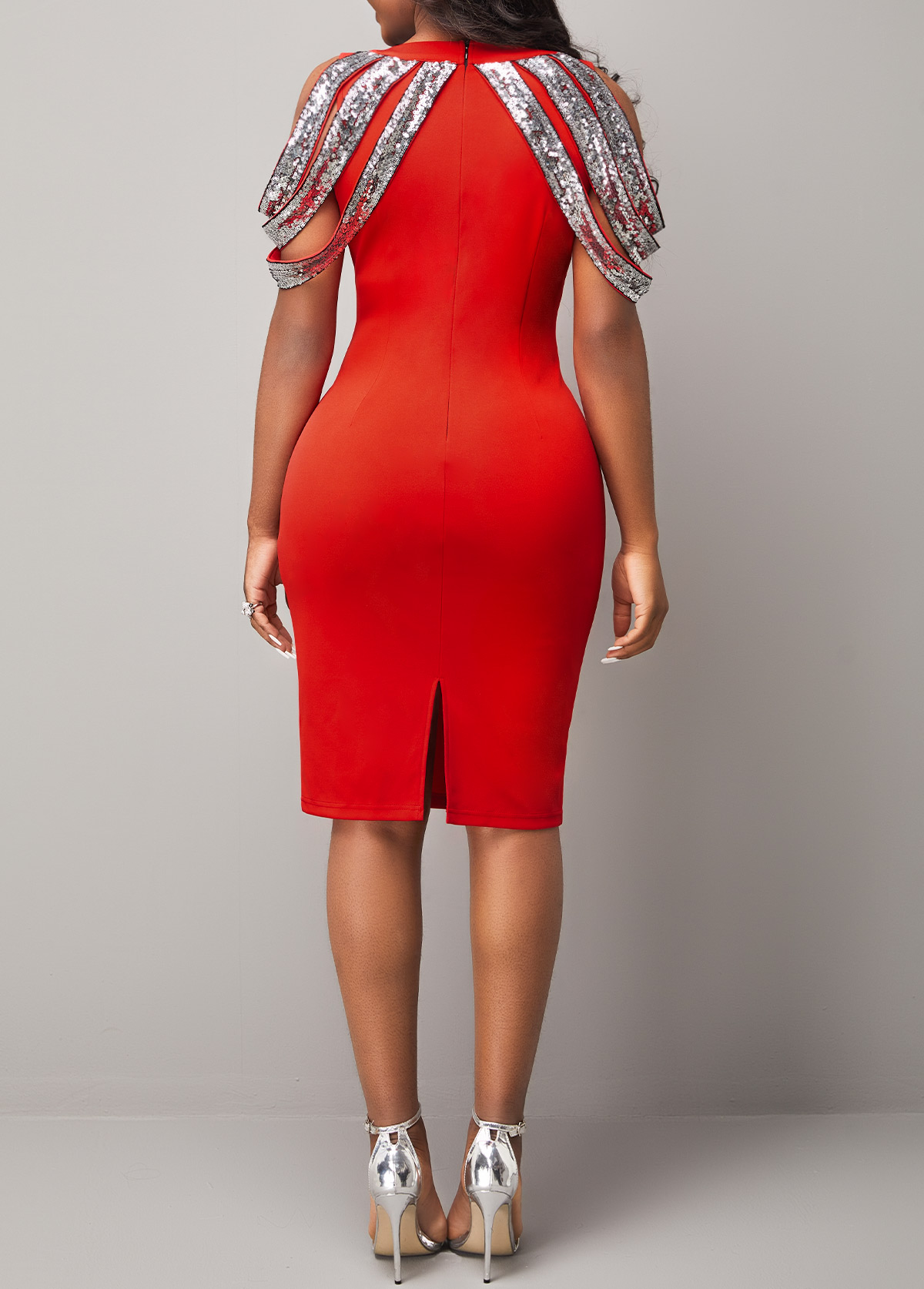 Cold Shoulder Round Neck Sequin Red Dress