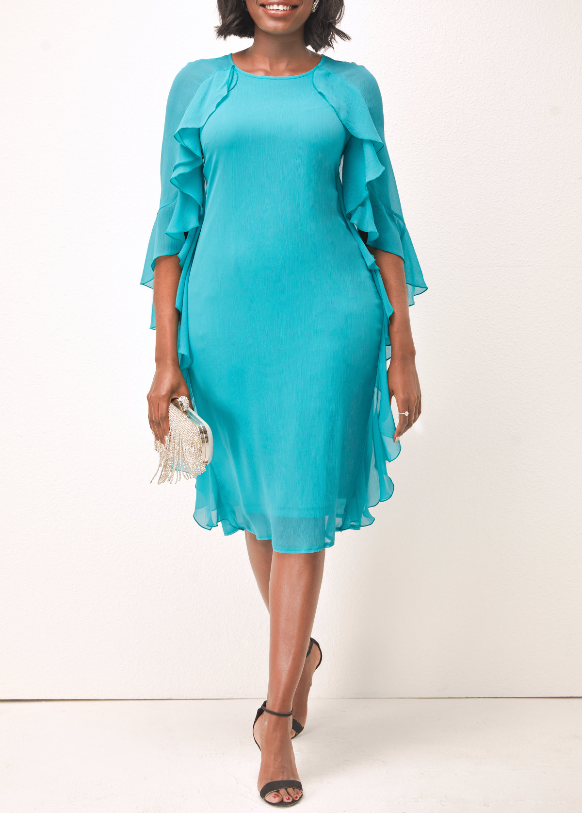 Ruffle Sleeve Faux Two Piece Turquoise Dress