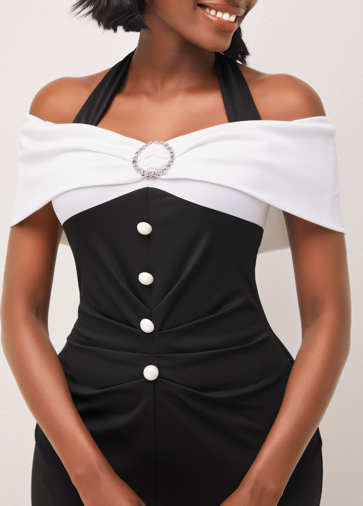 Off Shoulder Black Contrast Decorative Button Dress