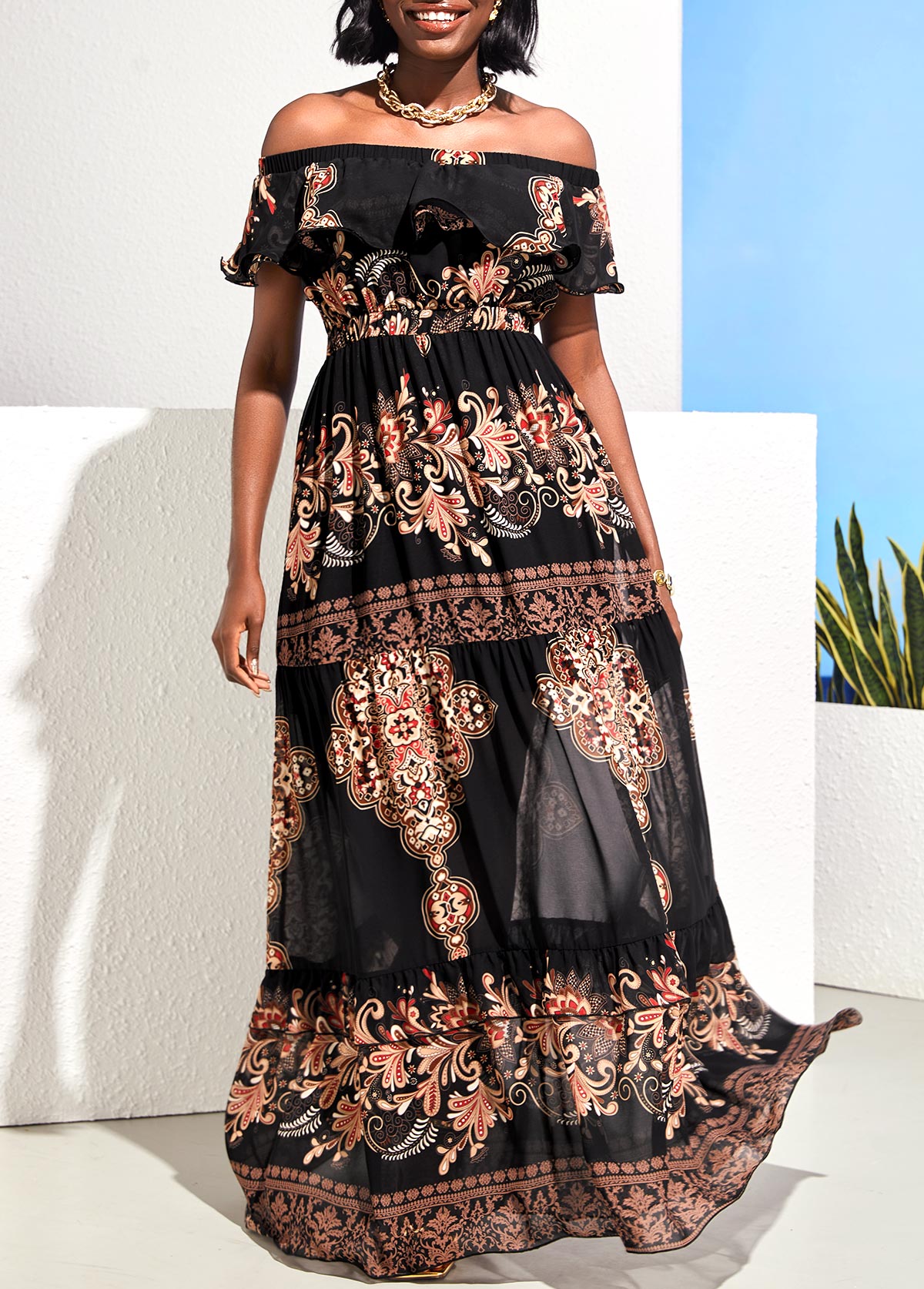 Black Off Shoulder Flounce Tribal Print Maxi Dress