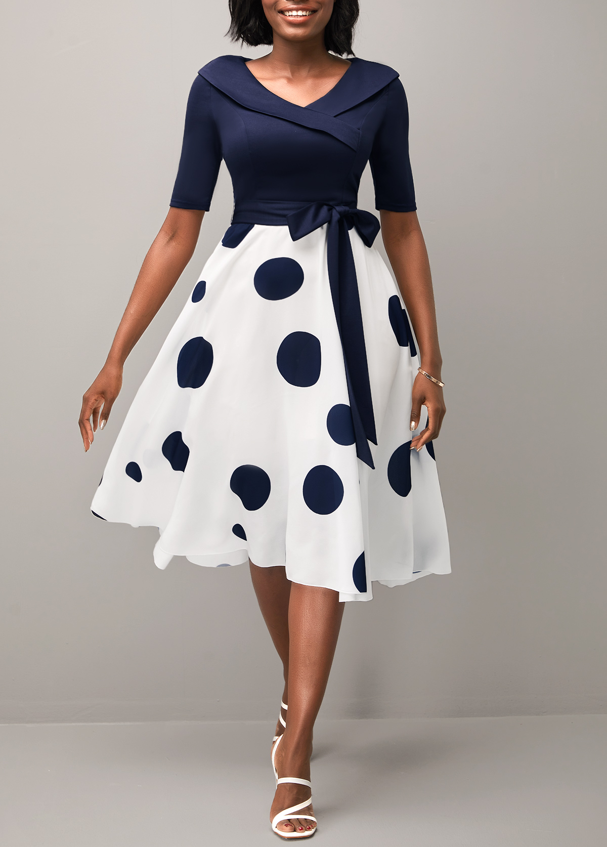 Belted Navy Blue Polka Dot Cross Front Dress