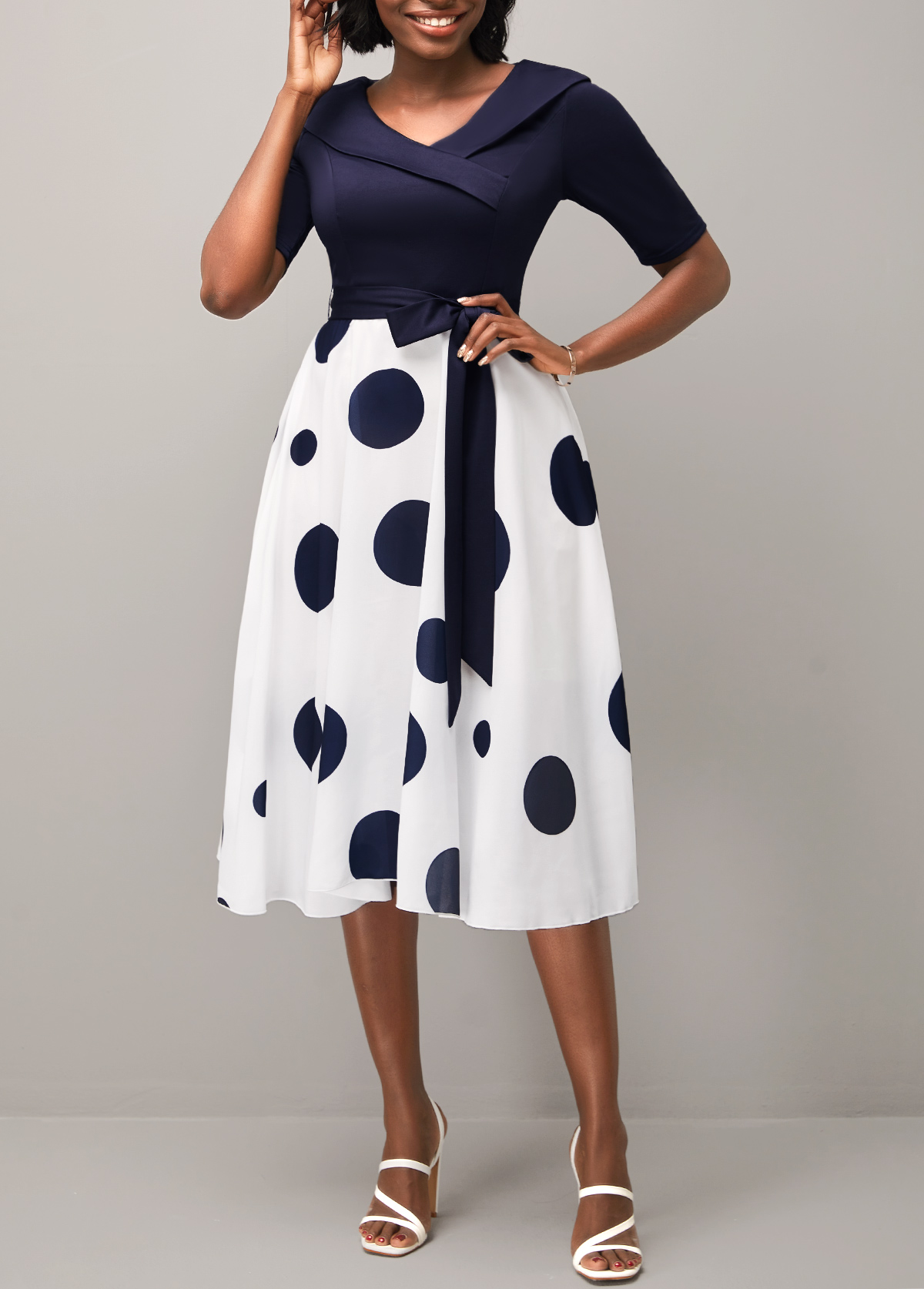 Belted Navy Blue Polka Dot Cross Front Dress