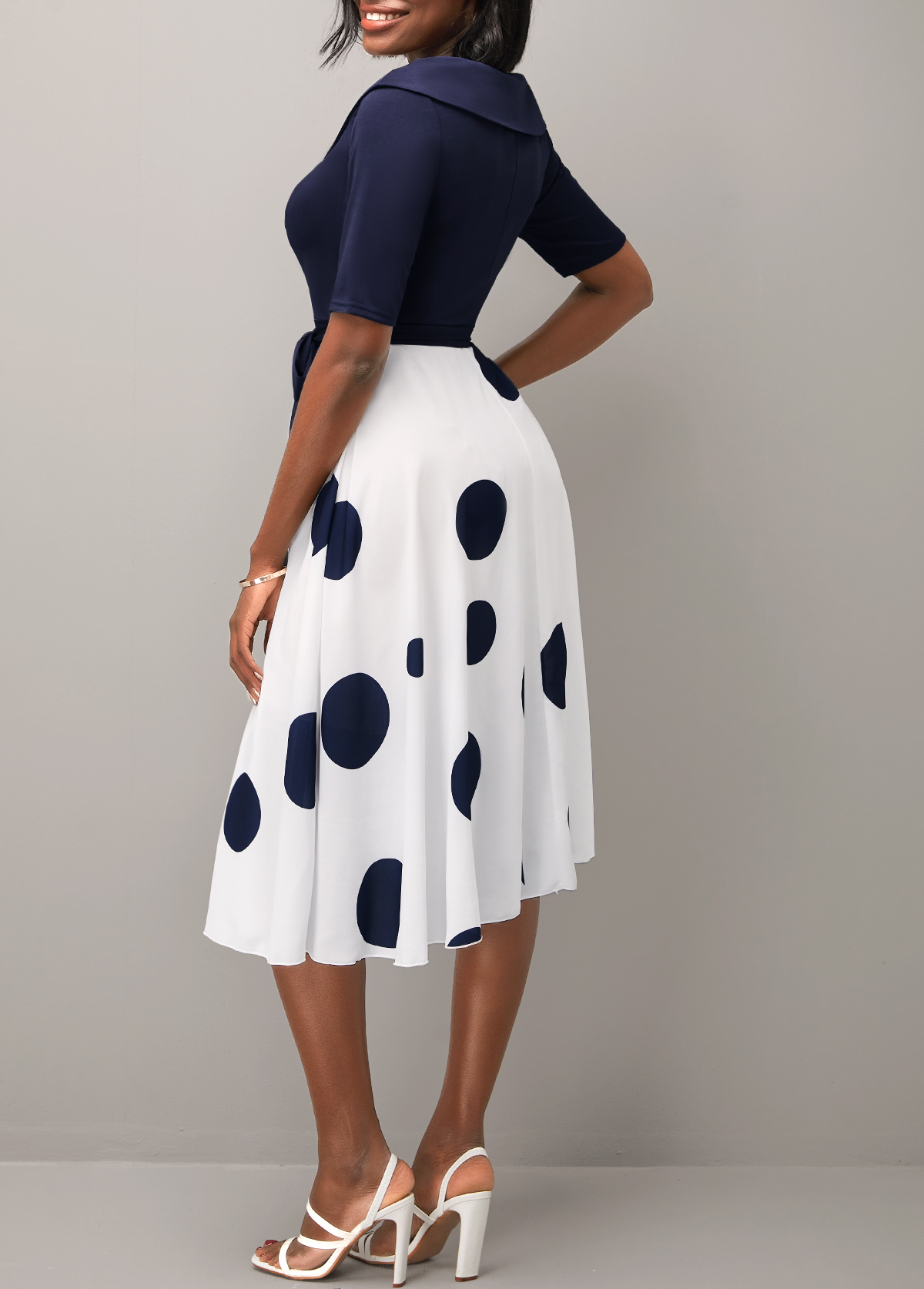 Belted Navy Blue Polka Dot Cross Front Dress