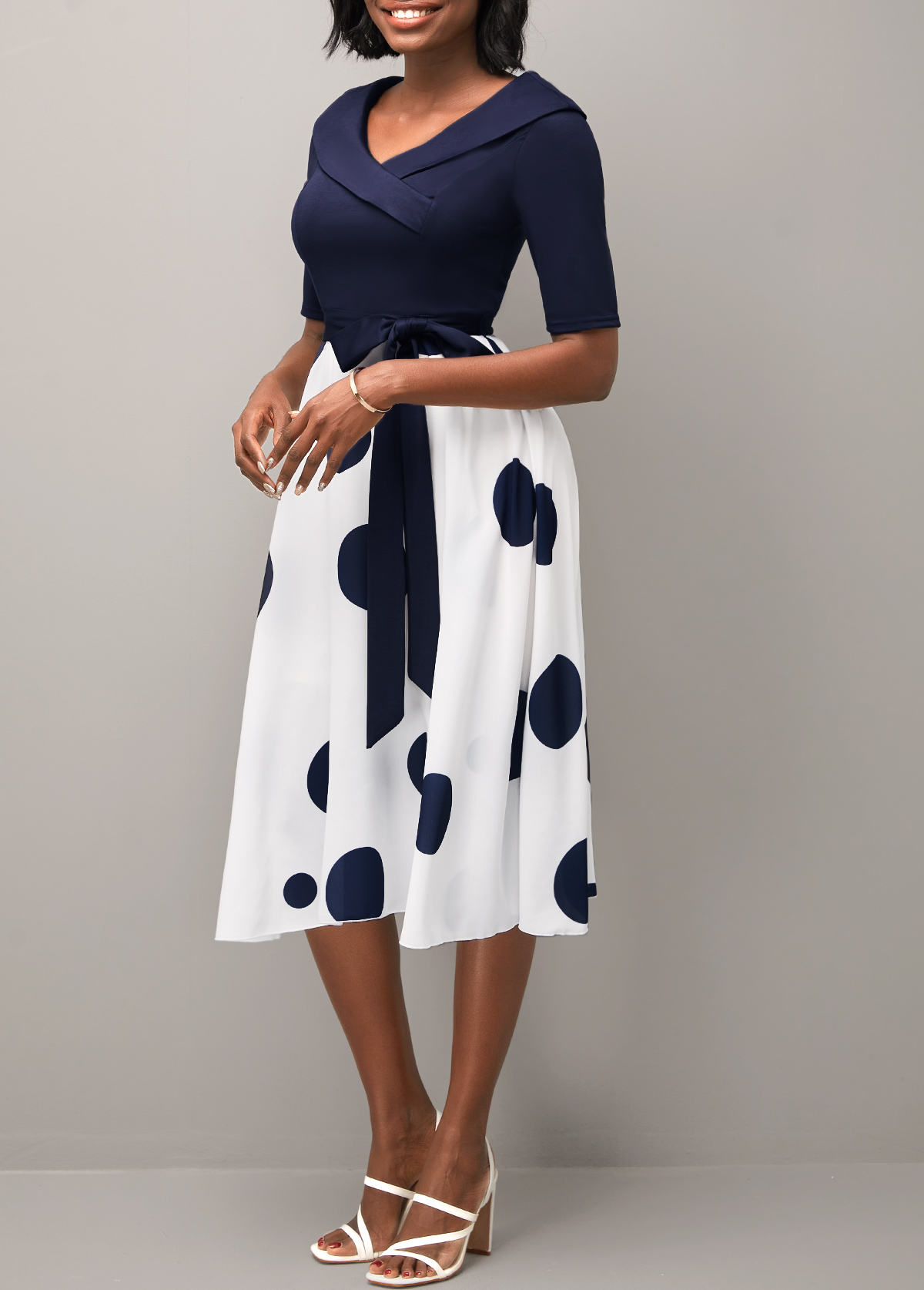 Belted Navy Blue Polka Dot Cross Front Dress