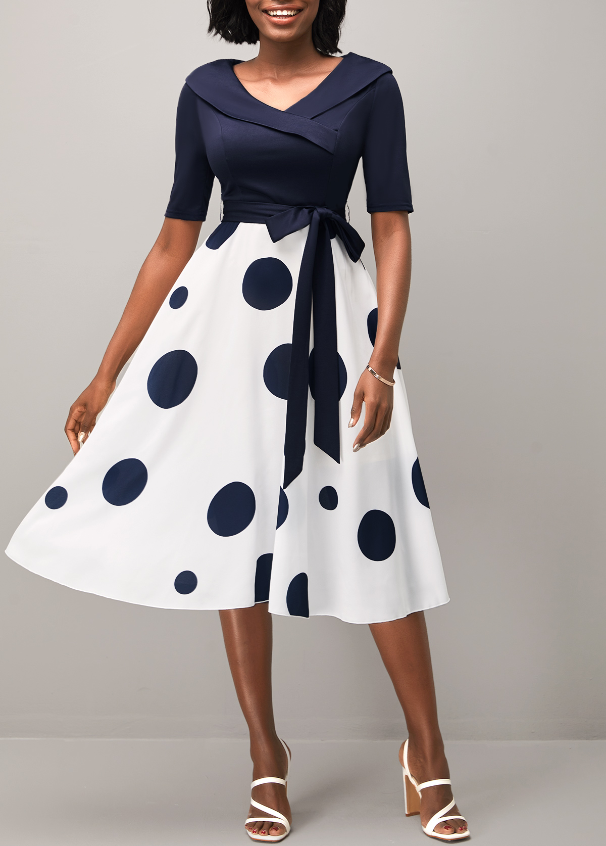 Belted Navy Blue Polka Dot Cross Front Dress