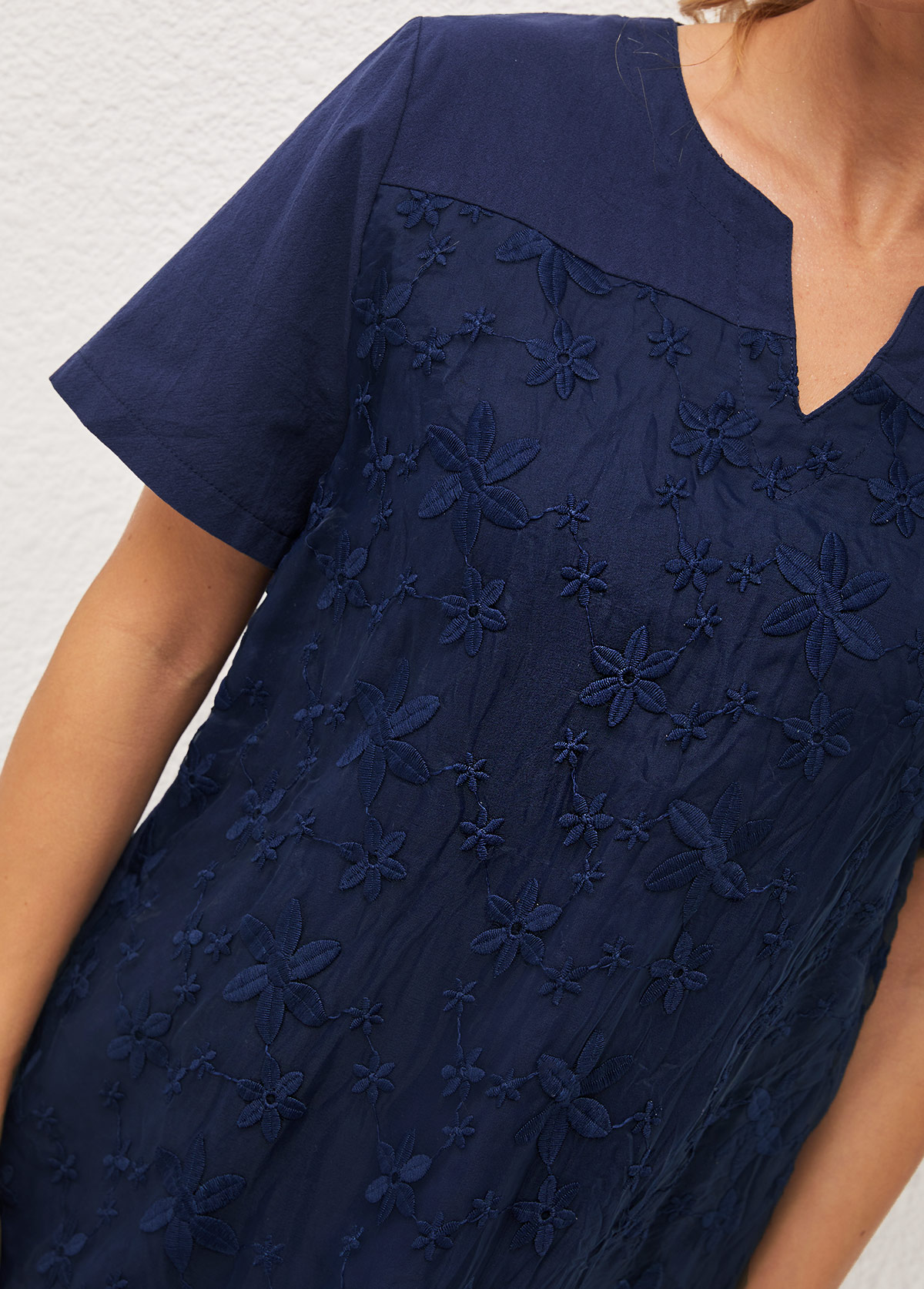 Mesh Stitching Navy Blue Split Neck T Shirt