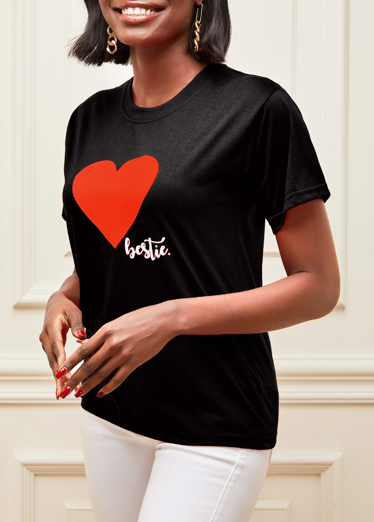 Valentines Short Sleeve Heart Print Black T Shirt