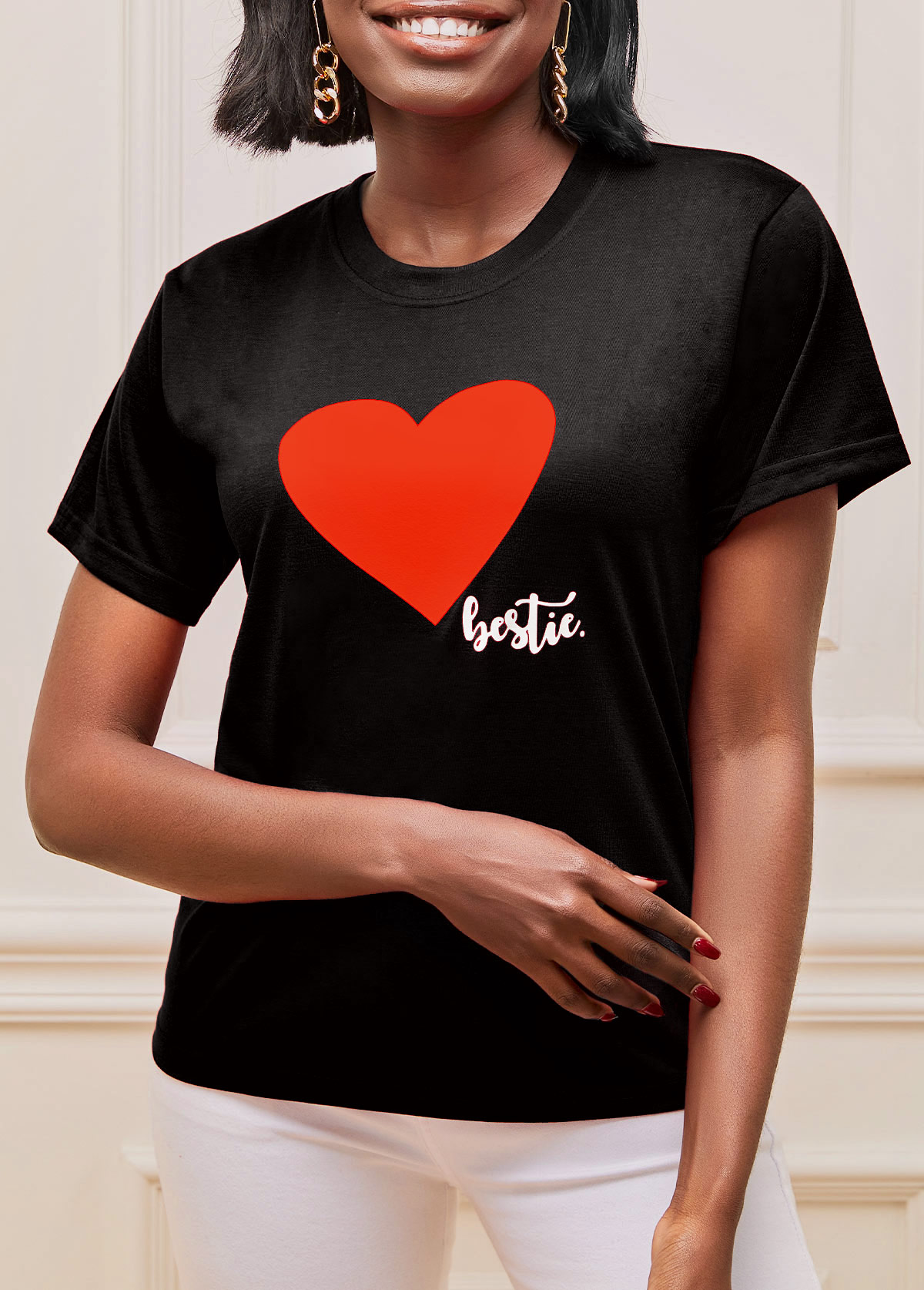 Valentines Short Sleeve Heart Print Black T Shirt