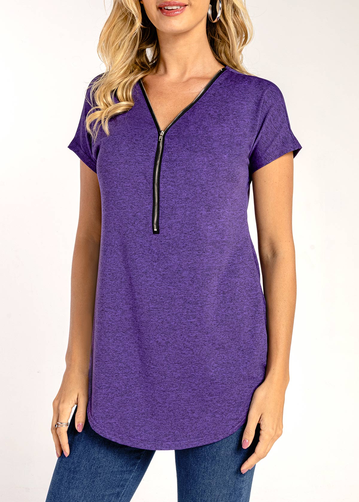 Quarter Zip Short Sleeve Purple T Shirt