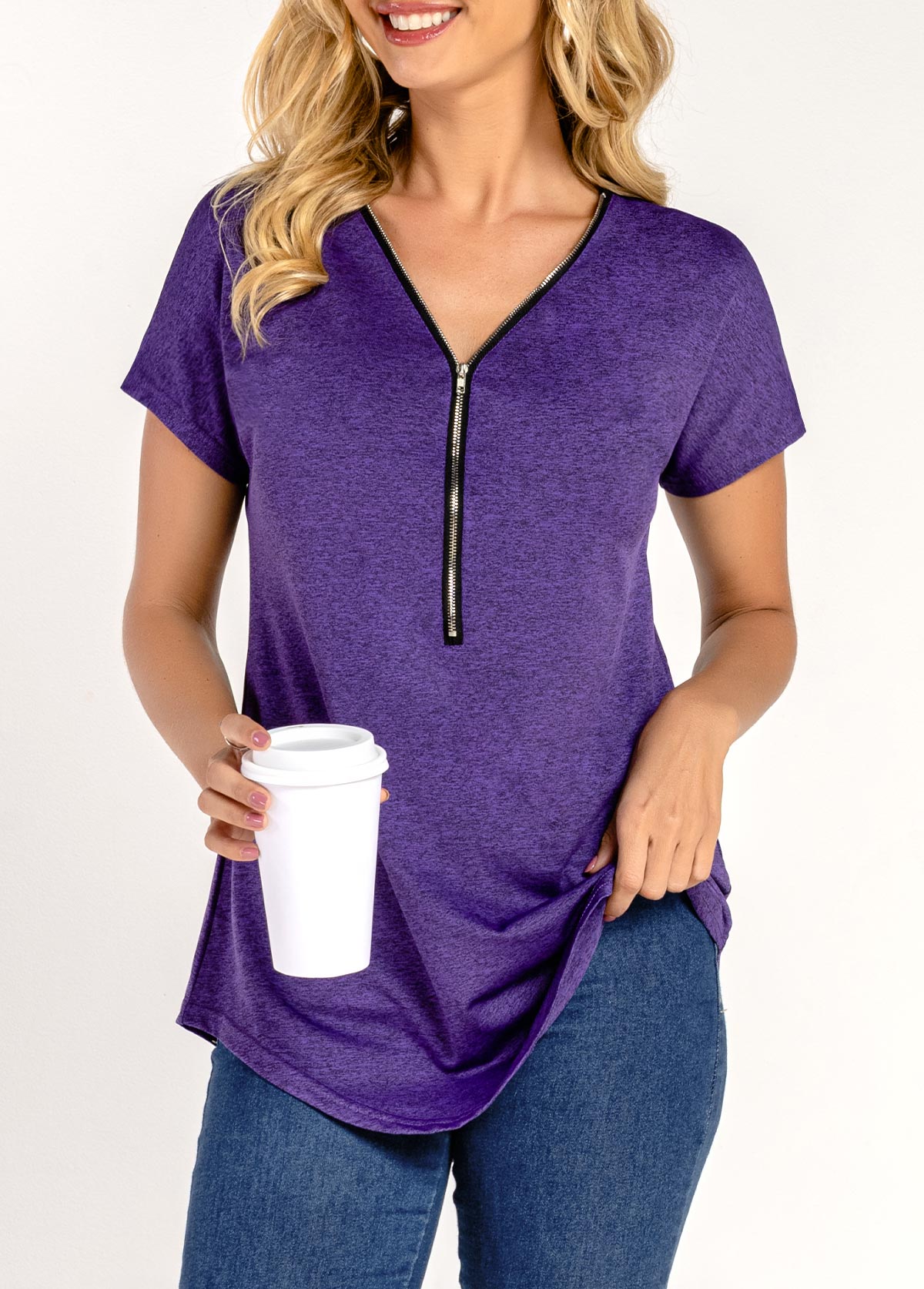 Quarter Zip Short Sleeve Purple T Shirt