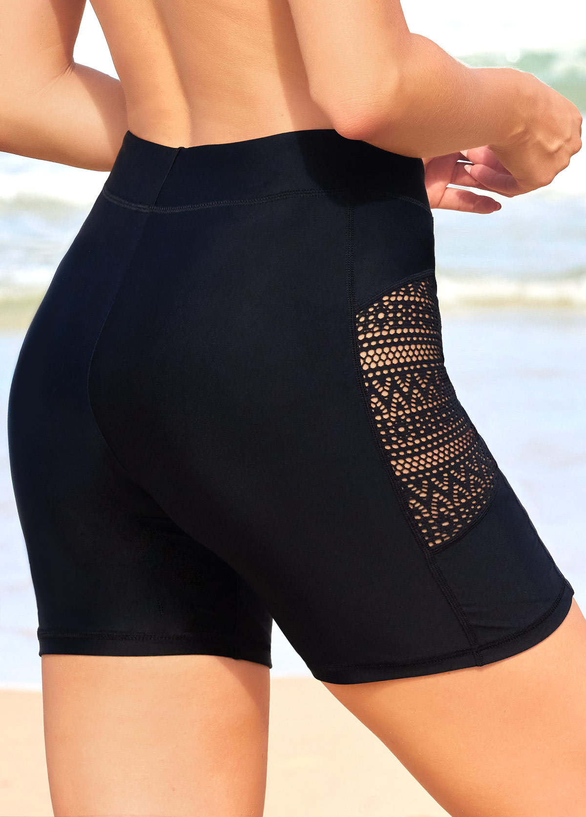 Lace Stitching High Waisted Black Swim Shorts