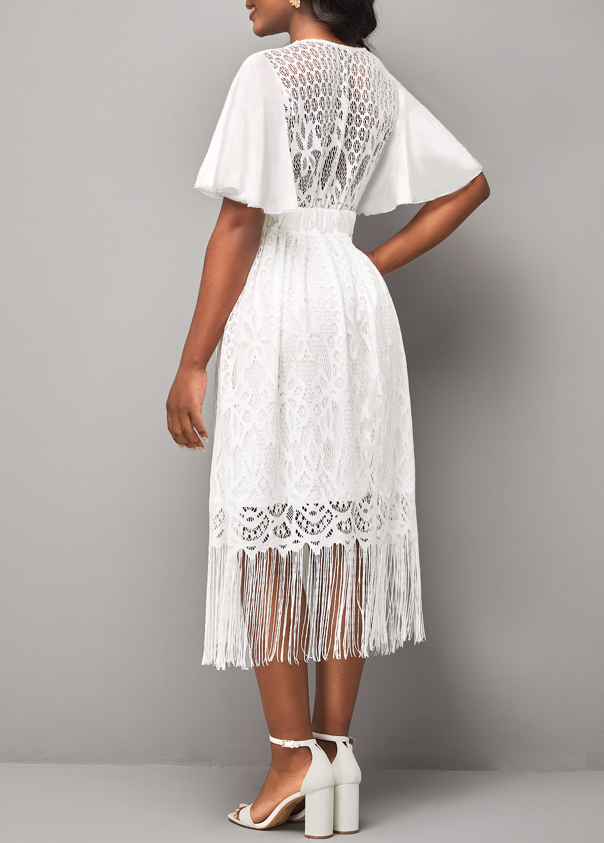 Lace Stitching V Neck Butterfly Sleeve White Dress