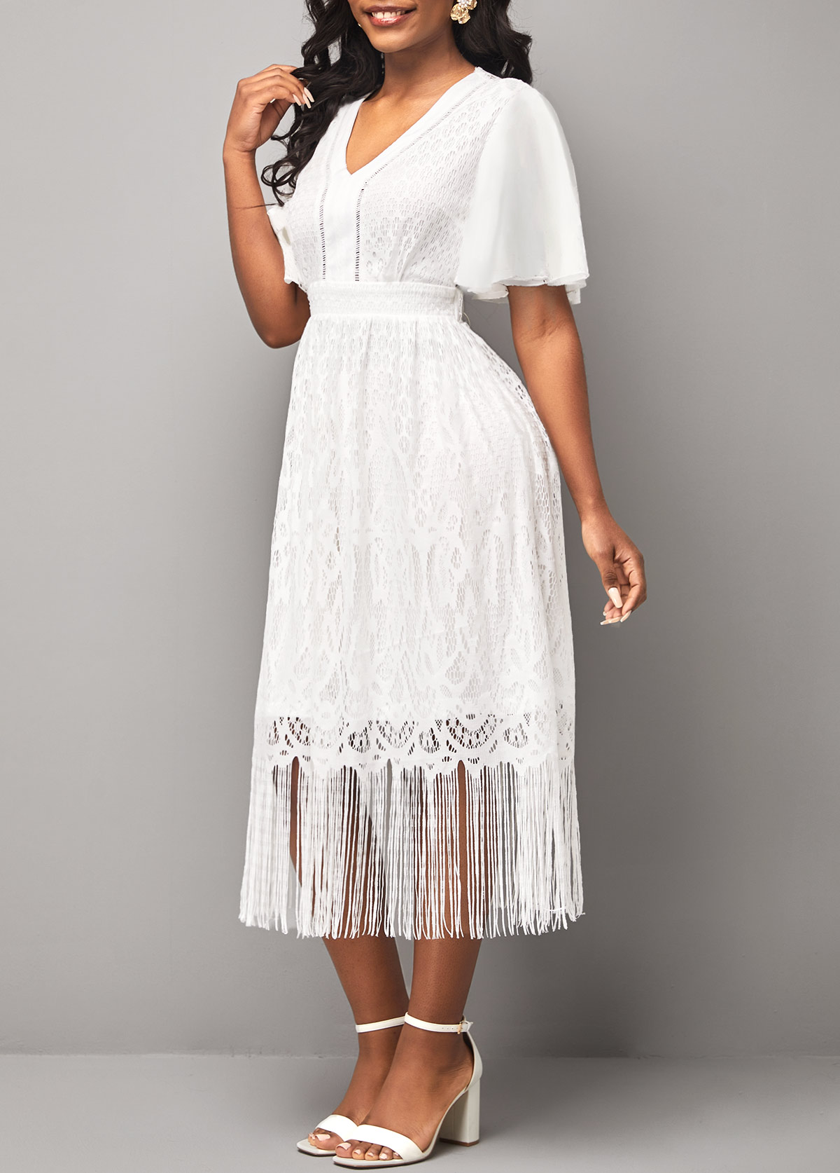 Lace Stitching V Neck Butterfly Sleeve White Dress