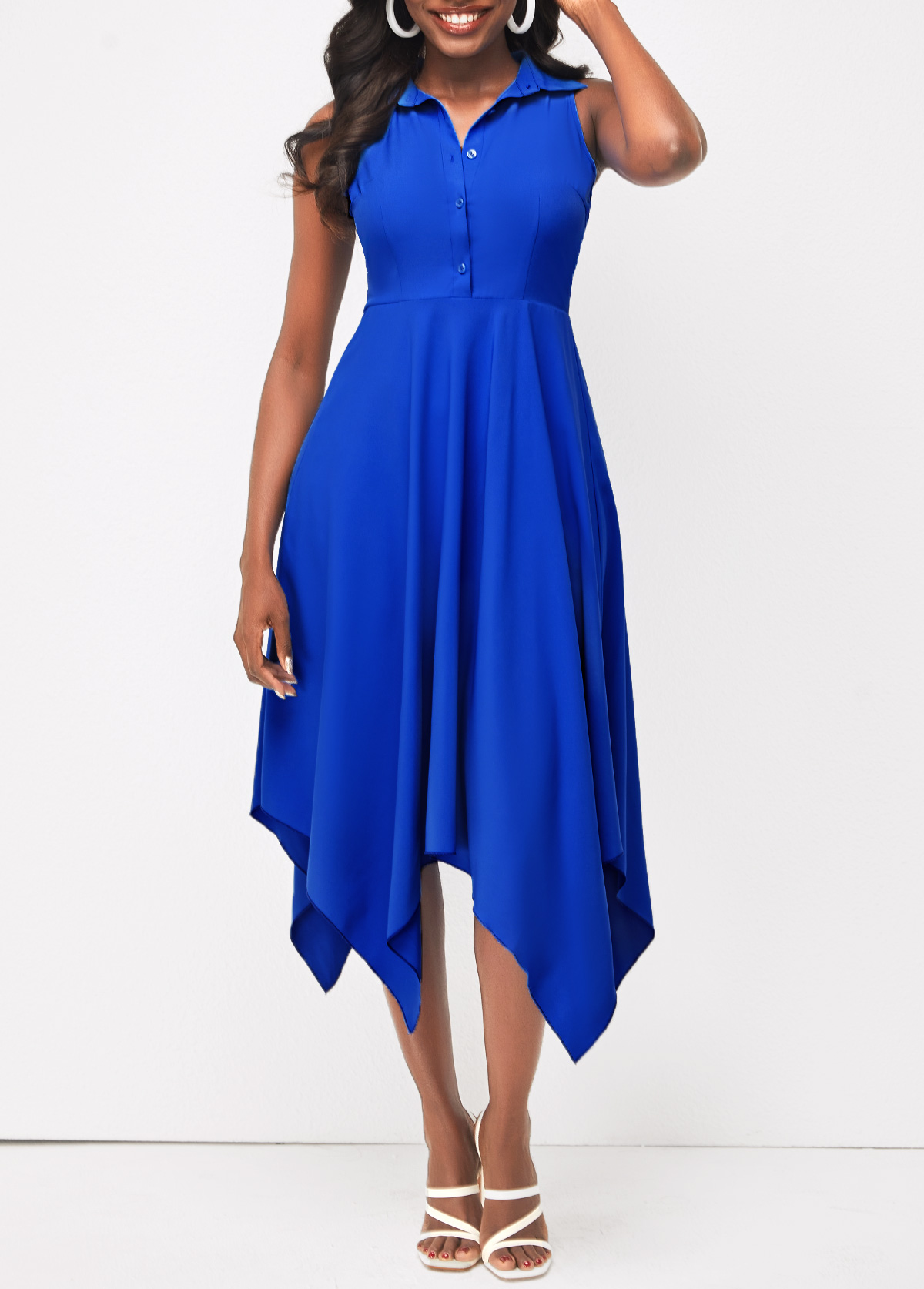 Sleeveless Asymmetric Hem Royal Blue Shirt Dress