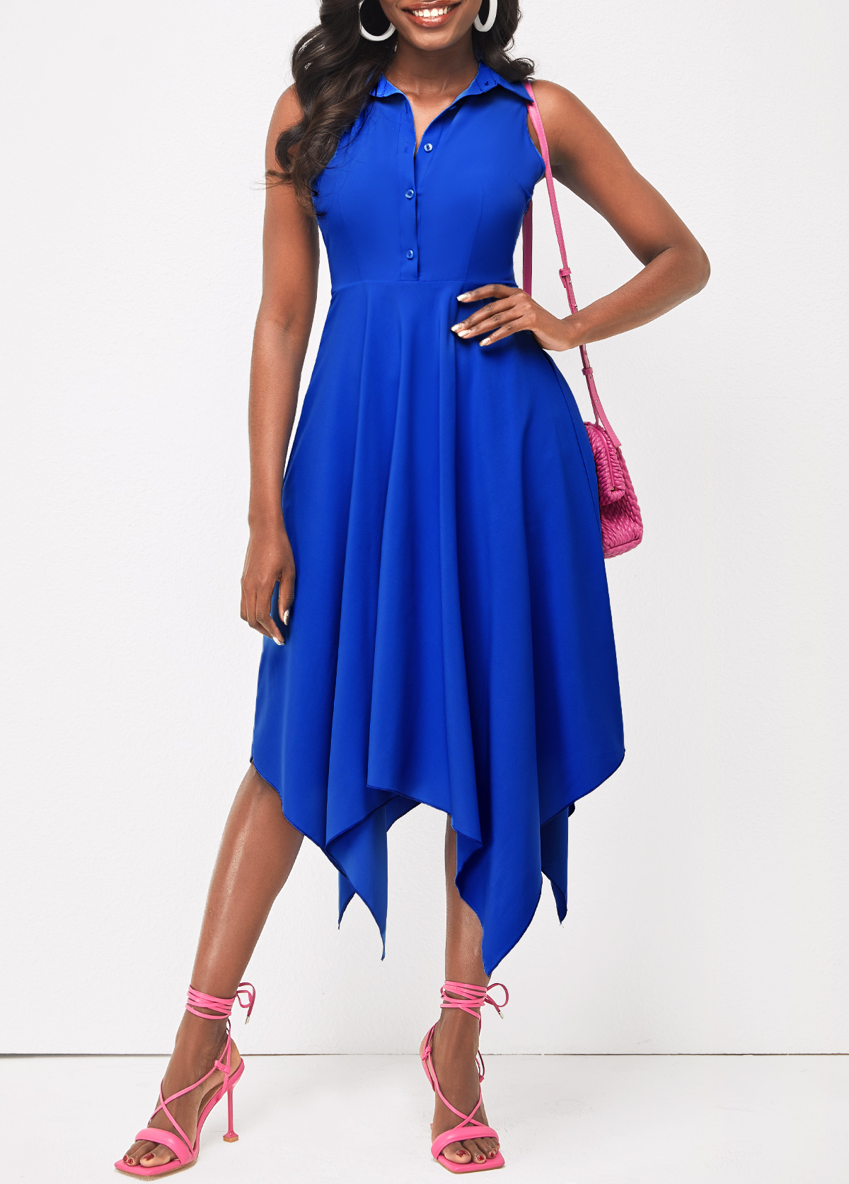 Sleeveless Asymmetric Hem Royal Blue Shirt Dress