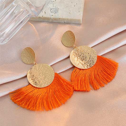 Metal Detail Orange Tassel Design Earrings