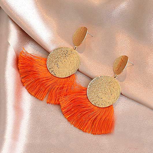 Metal Detail Orange Tassel Design Earrings