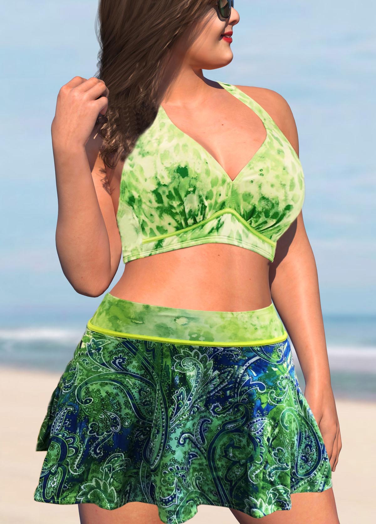 Paisley Print Green Plus Size High Waisted Bikini Set