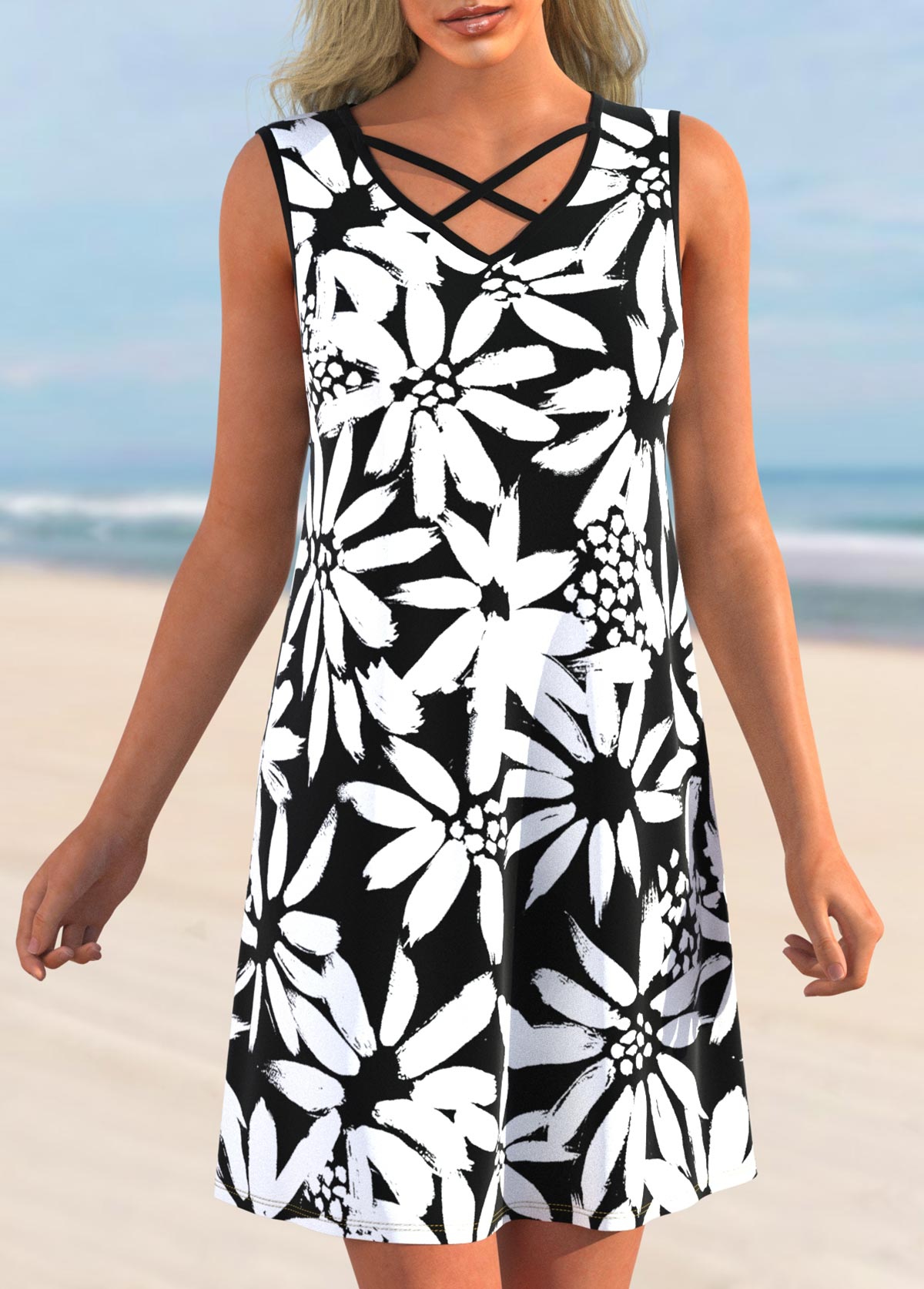 Floral Print Black Cross Strap Cover Up