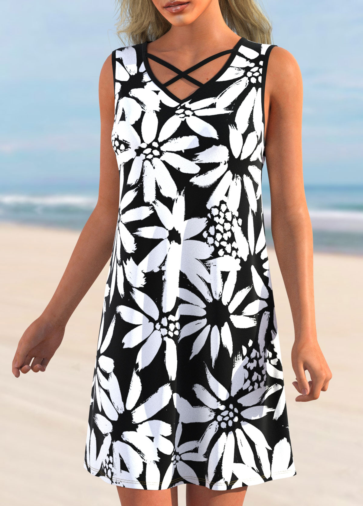 Floral Print Black Cross Strap Cover Up