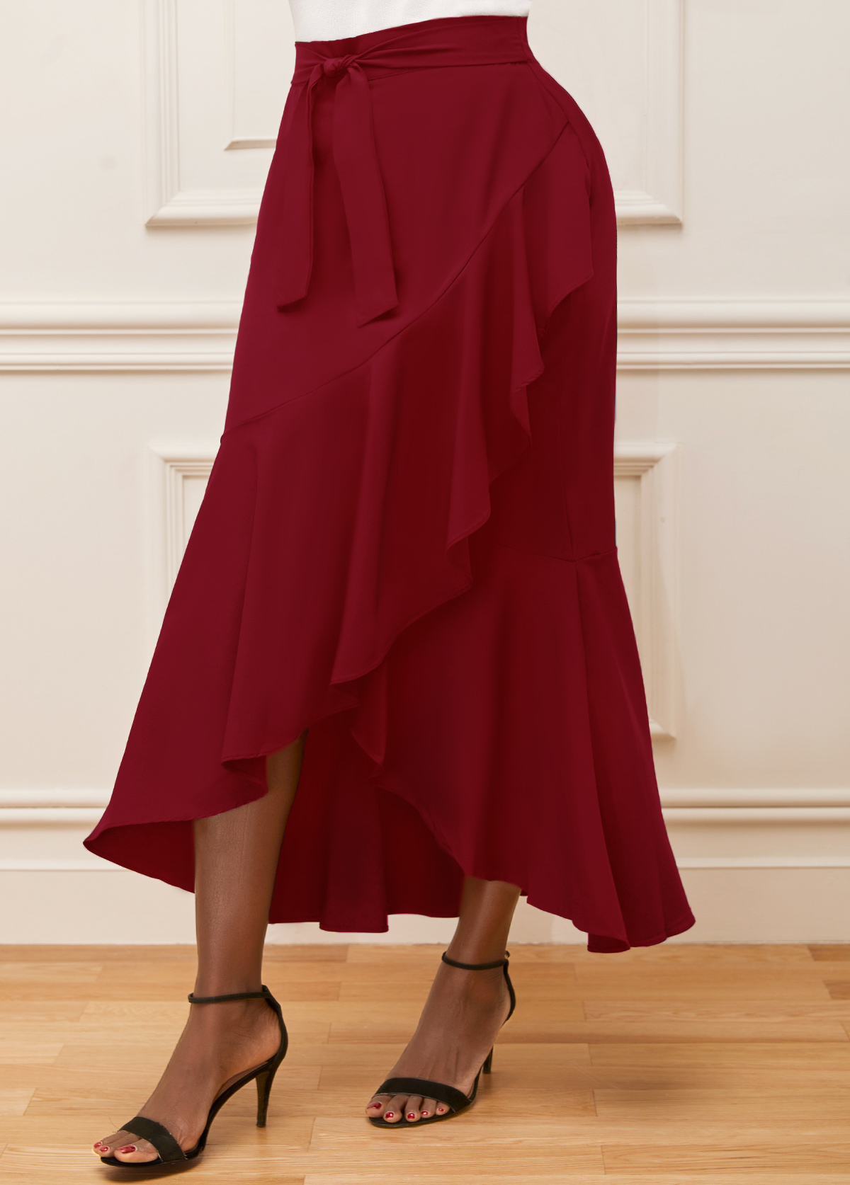 Wine Red Asymmetric Hem High Waisted Skirt