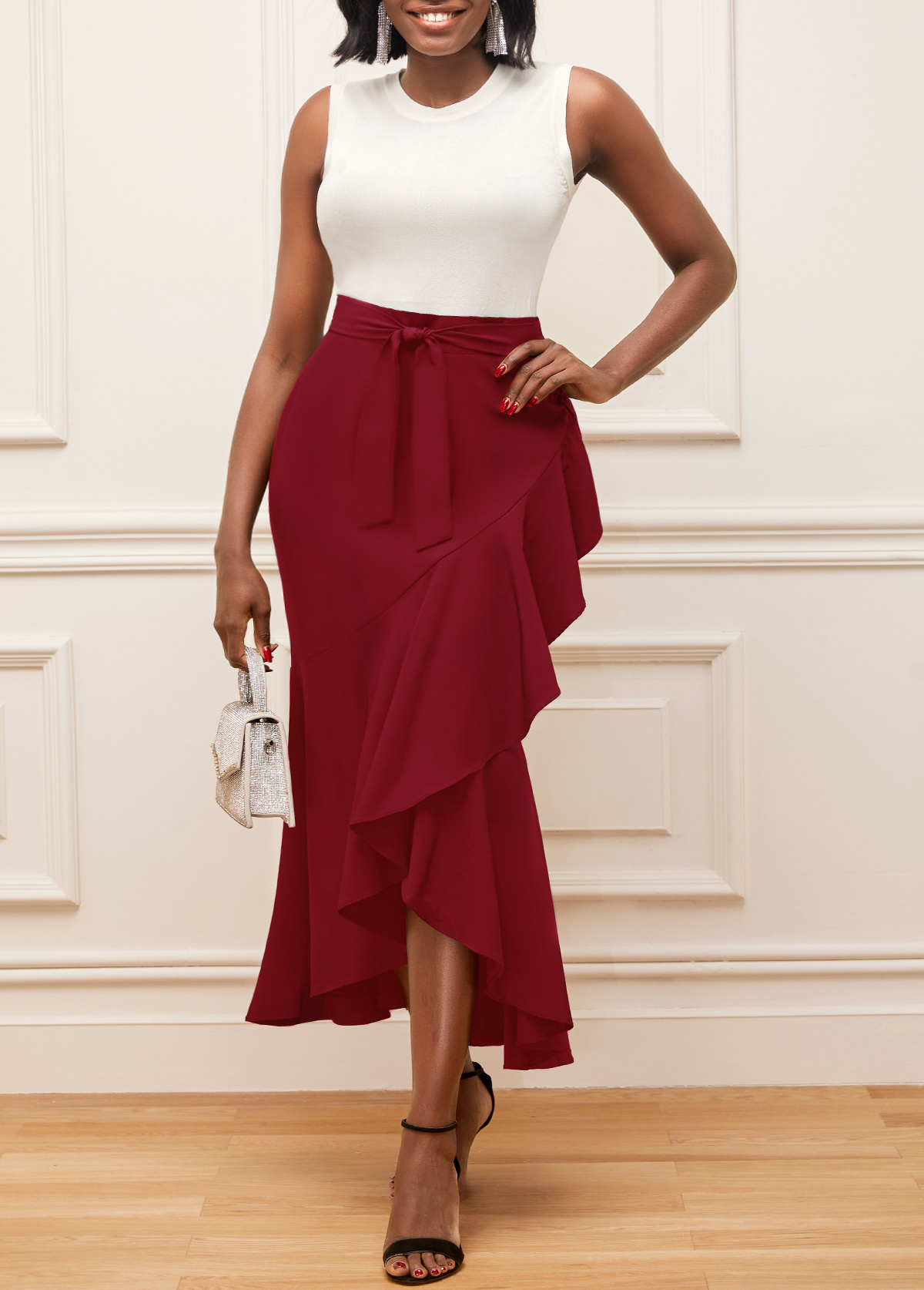 Wine Red Asymmetric Hem High Waisted Skirt