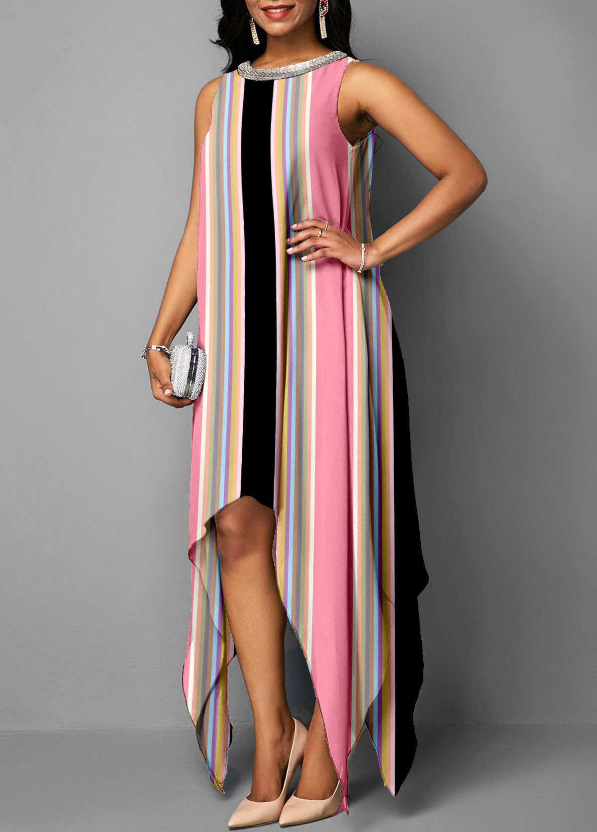 Embellished Neck Stripe Print Pink Dress