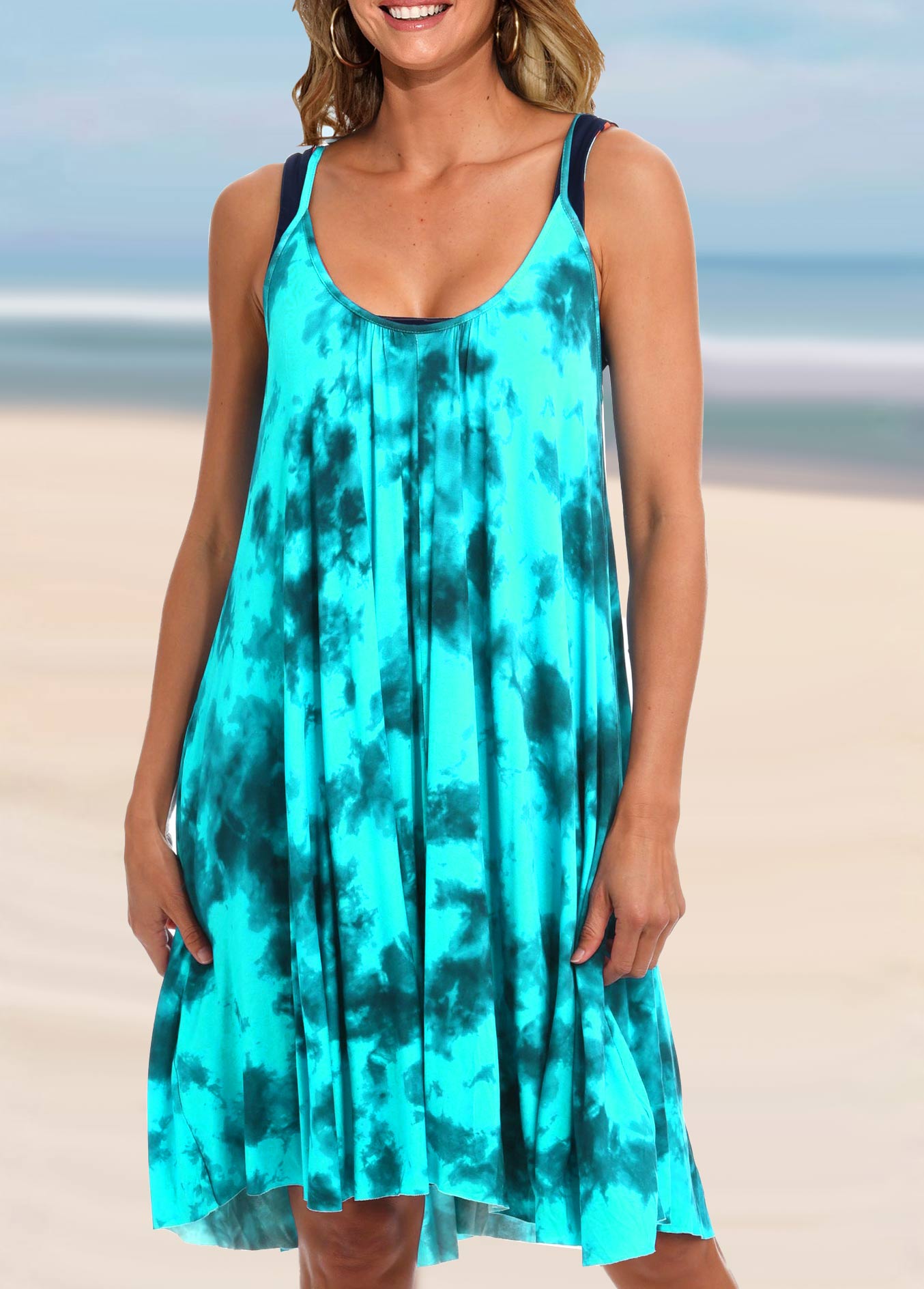 Cyan Tie Dye Print Spaghetti Strap Cover Up Dress