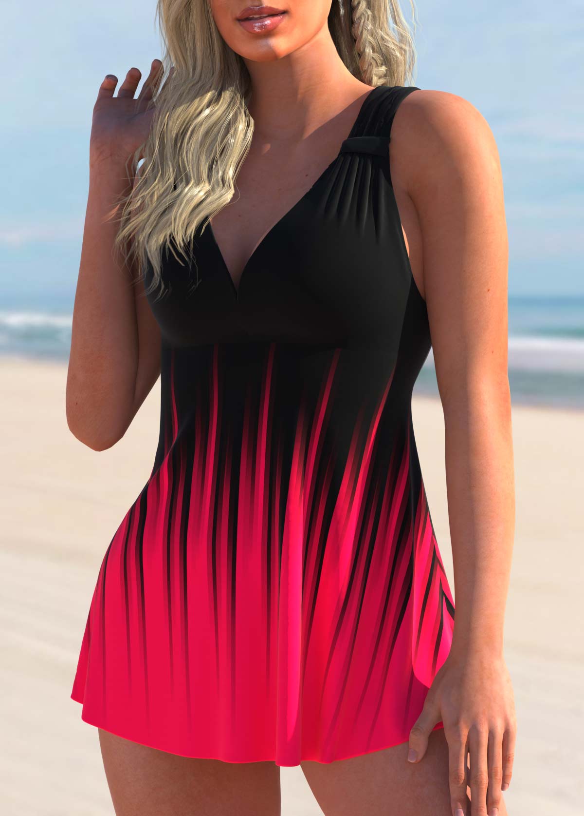 Rose Red Ombre Print Wide Strap Swimdress Top-No Bottom
