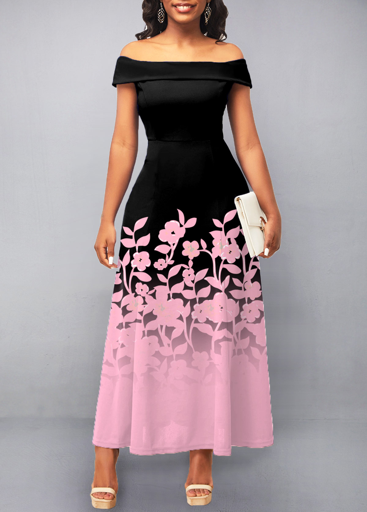 Black Floral Print Off Shoulder Dress