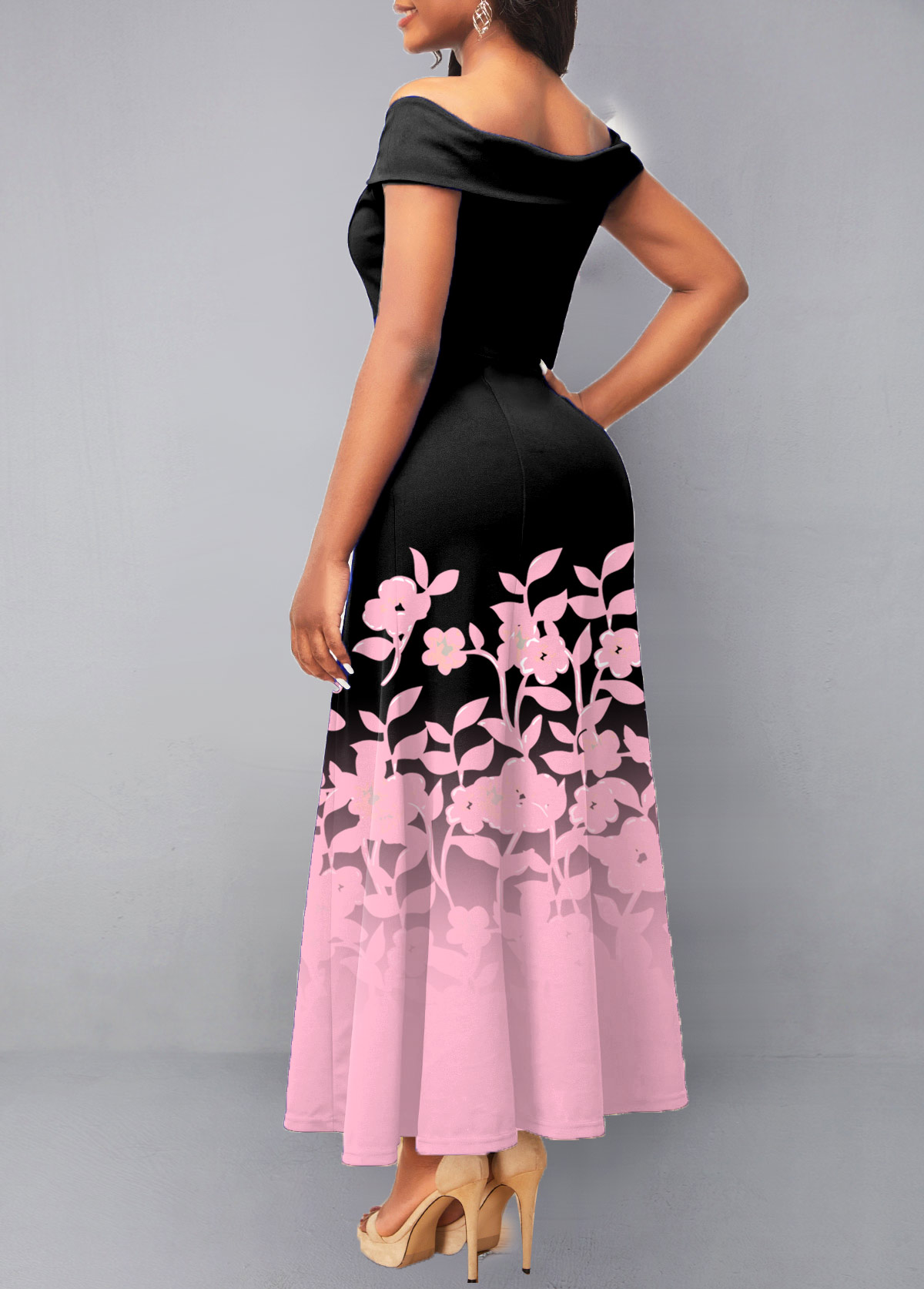 Black Floral Print Off Shoulder Dress