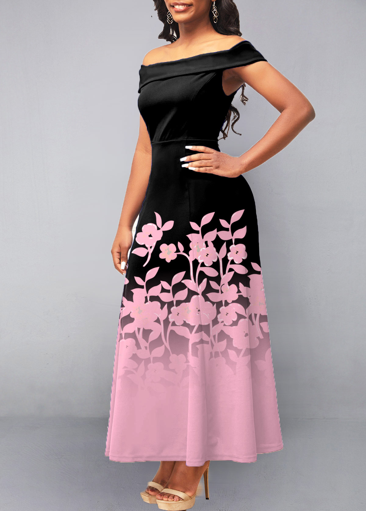 Black Floral Print Off Shoulder Dress