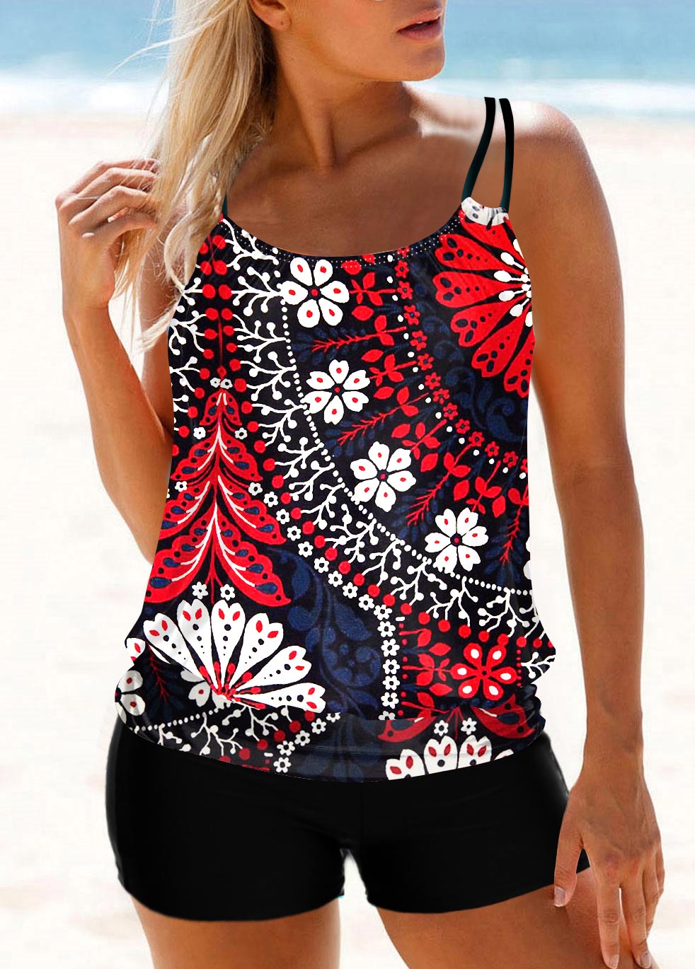 Multi Color Floral Print Double Straps Tankini Set
