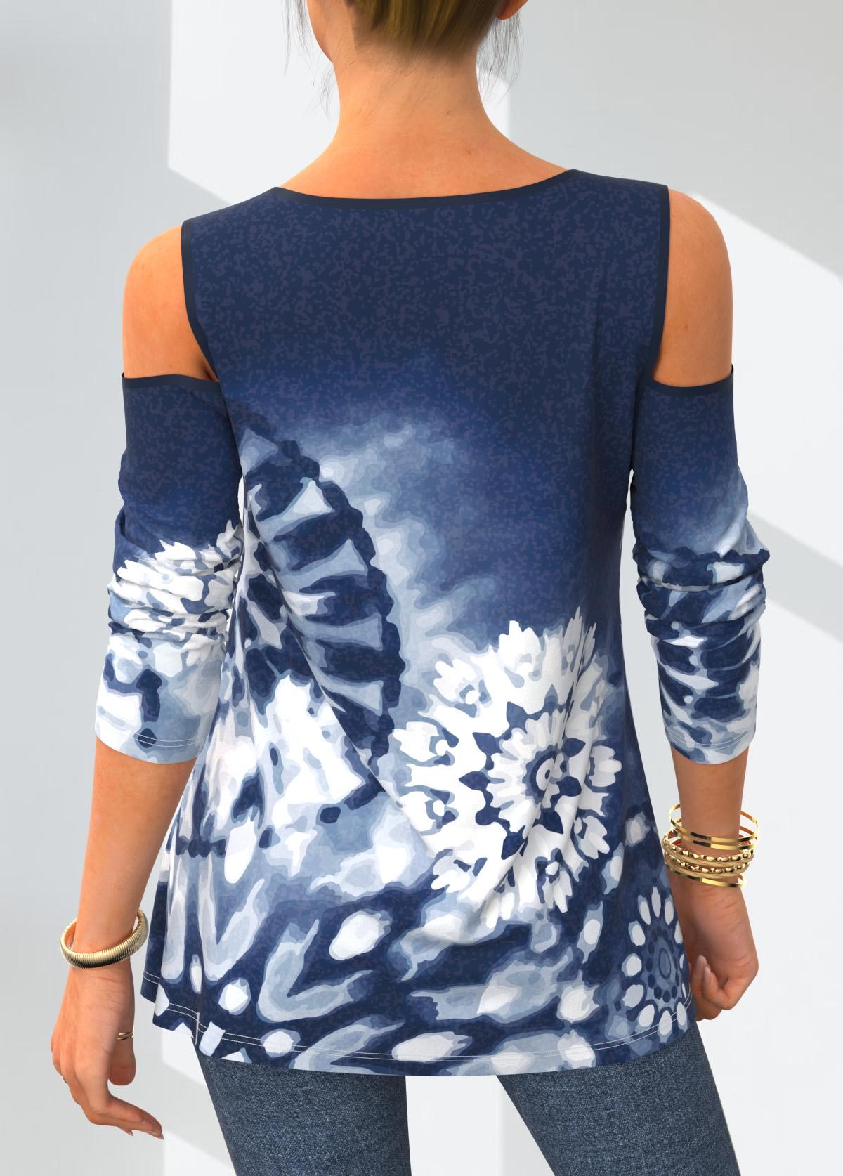 Blue Lace Stitching Tie Dye Print T Shirt