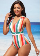 Turndown Collar Rainbow Stripe Belted One Piece Swimwear